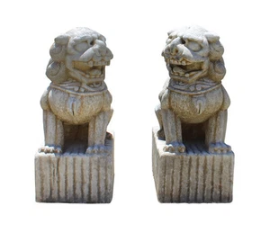 Chinese Pair Distressed Brown White Marble Stone Fengshui Foo Dog Statues cs2868 - Picture 1 of 7