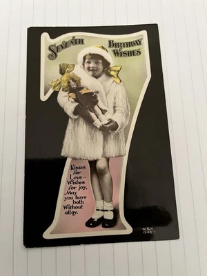 Vintage Postcard 7th Birthday Real Photograph Child And Doll - Image 1 of 2