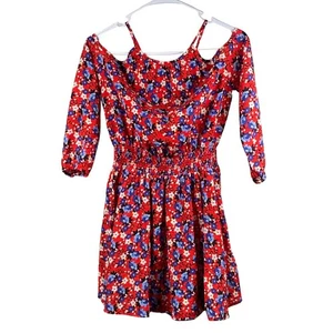 Kidpik Floral Print Dress Cold Shoulder Girls Size XL (14) Red Blue - Picture 1 of 5