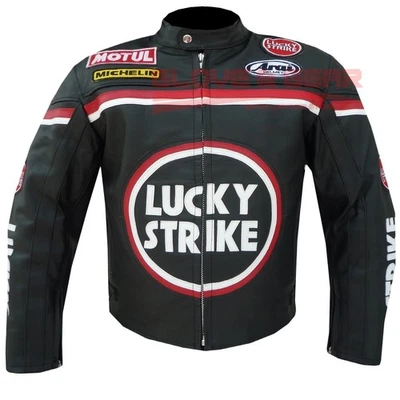 LUCKY STRIKE BLACK MOTORBIKE MOTORCYCLE COWHIDE LEATHER ARMOURED JACKET - Image 1 of 4