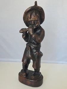 ANTIGUA FLAUTA TALLADA A MANO DE MADERA DE 12" MÚSICO NIÑO ESTATUA FIGURA ESCULTURA - Imagen 1 de 7