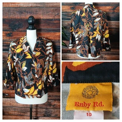 Ruby Rd Jacket Size 10 Cropped Blazer Cotton 3/4 Sleeve Urban Tribe Leaf Print  - Image 1 of 4