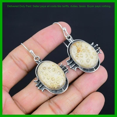 Oferta de Día de Acción de Gracias 925 Plata Fósil Coral Piedra Gota Bisel Pendientes Joyería Foto 1 de 4