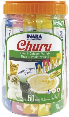 INABA CHURU Cat Treats Tuna Chicken Variety Squeezable Puree .5oz Tubes 50 Count - Image 1 of 4