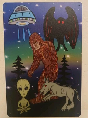 Bigfoot Sasquatch Yeti Alien  Mothman Chupacabra Tin Sign 8"X12" New Night Myth - Image 1 of 4