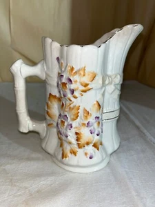 European Albino Majolica Bamboo Milk Pitcher- Victorian Utilitarian Florals - Picture 1 of 12