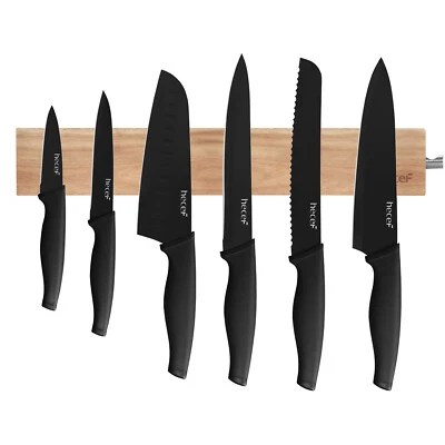 HECEF 7 Pcs Black Oxide Knife Set w/ Acacia Wood Strong Magnetic Protect Knife Strip