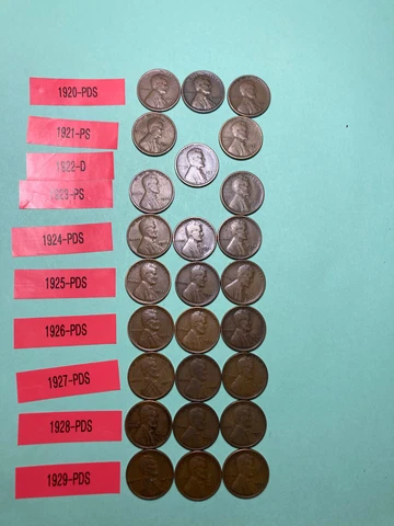 1920PDS-1929PDS  26 LINCOLN WHEAT CENTS, complete 20's set, except for 22 "no D" Cover