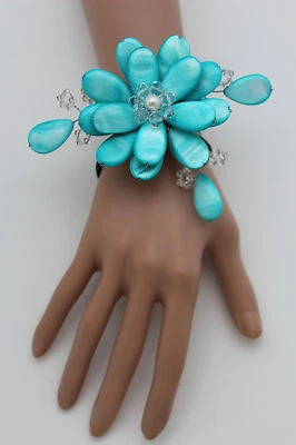 Pulsera Mujer Azul Turquesa Cuentas Gran Flor Dije Puño Elástico Banda Joyería  Foto 1 de 4