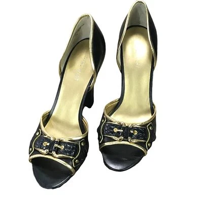 Zapatos de mujer Nine West de cuero negro con ribete dorado tacón Peep Toe talla EE. UU. 7,5 Foto 1 de 4