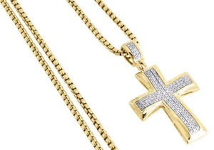 Diamond Cross Pendant Yellow Gold Mens Pave Charm 0.43 Ct. & Round Box Chain Set - Picture 1 of 7