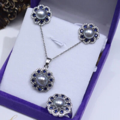 Juego de 6 aretes + anillo + collar colgante con incrustaciones de cuentas de perlas AAA de 6 colores Foto 1 de 4