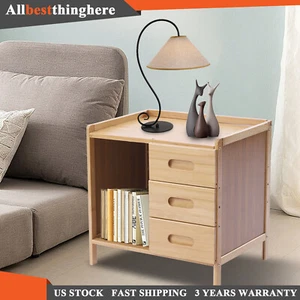 Nightstand Bedside End Table Bedroom Side Bamboo Storage w/ Pull-out Drawer US - Picture 1 of 12
