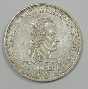 1955-F GERMANY Schiller Silver 5 Mark ALMOST UNCIRCULATED - Picture 1 of 4