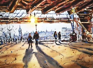LONDON architecure art Travel artwork ORIGINAL watercolor painting 9"x12" - Picture 1 of 2