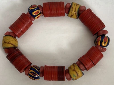 "Pulsera tobillera étnica hecha a mano multicolor elástica naranja discos y cerámica 9""x.6" Foto 1 de 2