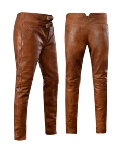 Pantalones de cuero de piel de oveja marrón tostado estilo Jim Morrison pantalones de motociclista para hombre - Imagen 1 de 3