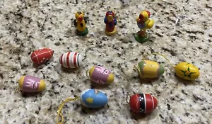 Lot of 11 Hand Painted Wooden Colorful Miniature Easter Egg and Bird Ornaments - Picture 1 of 3