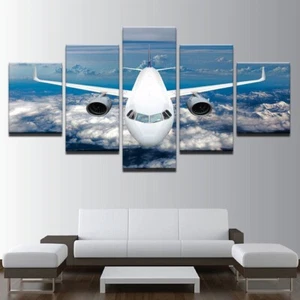 Airplane White Plane In Blue Sky Canvas Prints Painting Wall Art Home Decor 5PCS - Picture 1 of 6