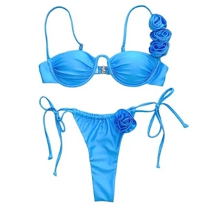 Women 3D Flower Swimsuit Two Pieces Swimming Costume, Ruched Swim Top and Bottom - Picture 1 of 11