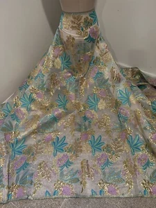 PINK BLUE GOLD WHITE Metallic Brocade ORGANZA Fabric 58” Width Sold By The Yard - Picture 1 of 6