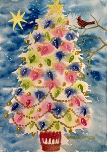 Pamela Wilhelm original 6”x8” Watercolor Christmas Tree Cardinal Lights Star - Picture 1 of 1