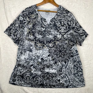 Catherines Top Womens 2X 22/24 Embellished Abstract Black Multi Short Sleeve - Picture 1 of 10