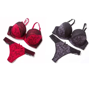 Bra & Thong Push Up Bra Set Lace Lingerie Red Black Underwear Ladies Sexy - Picture 1 of 13