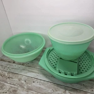 Vintage 70er Jahre 3 Stück Tupperware Jadegrün Reibe Hobel Sieb mit Schüssel Set - Bild 1 von 21
