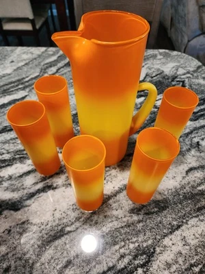 Juego de jarra y vasos de vidrio naranja y amarillo MCM Blendo vintage Foto 1 de 4