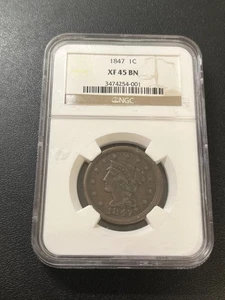 1847 BRAIDED HAIR LARGE CENT NGC XF-45 - LARGE CENT TYPE COIN - CERTIFIED - 1C - Picture 1 of 2