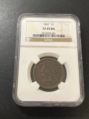 1847 BRAIDED HAIR LARGE CENT NGC XF-45 - LARGE CENT TYPE COIN - CERTIFIED - 1C - Image 1 of 2