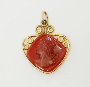 Antique gold filled and carved carnelian canei woman profile pendant - Picture 1 of 3