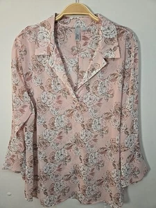 Kut From The Kloth Sheer Pink Floral Blouse Size XL Bell Sleeve - Picture 1 of 8