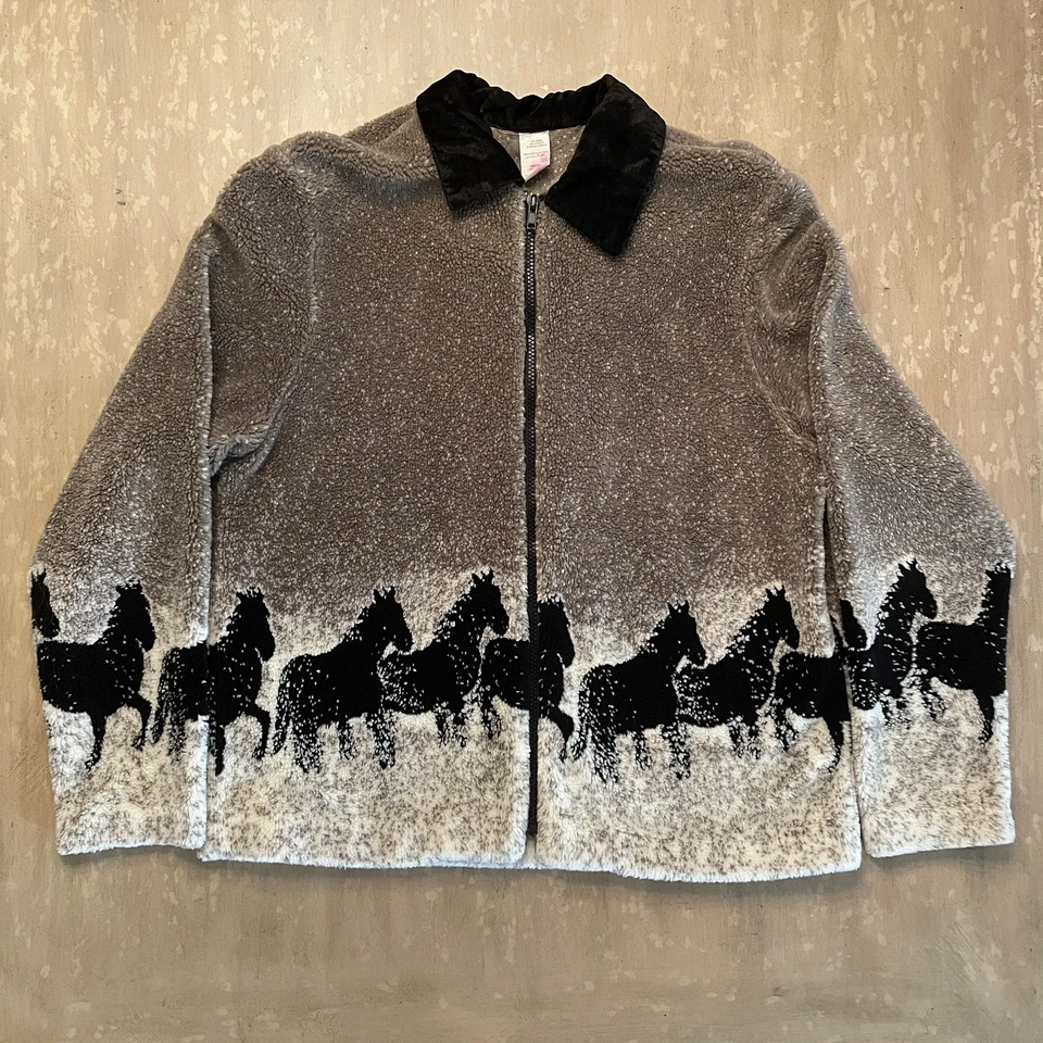 Chaqueta polar vintage de los 90 con estampado de caballo para correr ecuestre occidental hecha en EE. UU. mediana Foto 1 de 4
