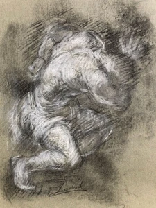 Homme prostré — dessin au fusain et craie sur vergé gris signé en bas au milieu. - Bild 1 von 3