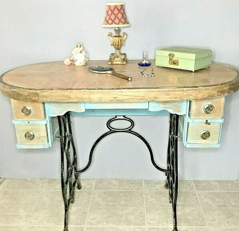 Custom Vintage Repurposed Sewing Machine Table Cabinet Wood Top Cast Iron Cover