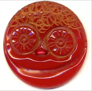 Large Carved Red Bakelite Button…Cute Face with Curly Hair & Big Eyes…1&5/16" - Picture 1 of 2