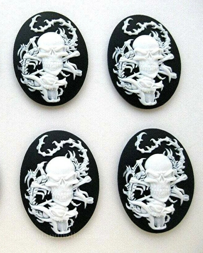 4 Новый готический EMO зомби белый на черный EMO череп с дракон 40 мм x 30 мм камеи - Изображение 1 из 3