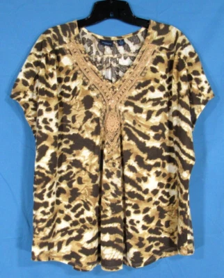 WESTBOUND MUJER Marrón/Tostado Estampado Leopardo Mezcla de Lino ENCAJE RIBETE ESCOTE TOP Talla 2X Foto 1 de 4