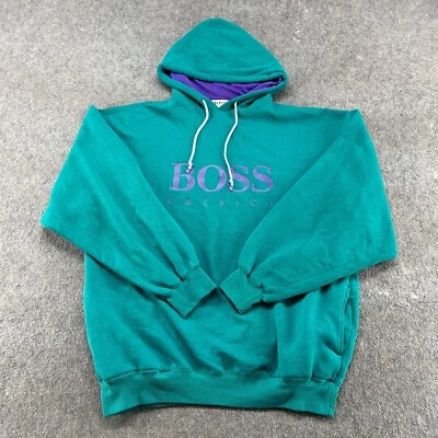 VINTAGE Boss America Hoodie Mens L Green Pullover Sweatshirt Fleece Spellout 90s - Image 1 of 4