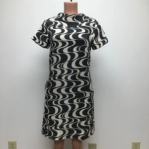 Frances Valentine Womens Black Beige Becca Swirl Funnel Neck Linen Shift Dress S - Picture 1 of 10