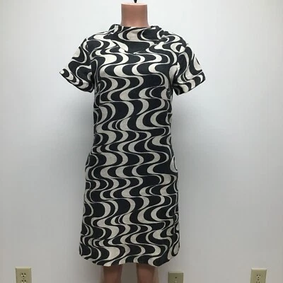 Frances Valentine Womens Black Beige Becca Swirl Funnel Neck Linen Shift Dress S - Image 1 of 4