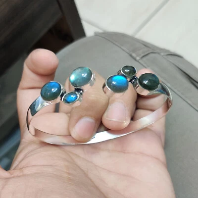 Blue Fire Labradorite Multi Gemstone Cuff 925 Sterling Silver New Art Bracelet - Image 1 of 4