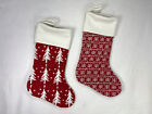 Set of 2 Dark Red & Ivory Knit Christmas Stockings / Tree and Snowflakes NWT