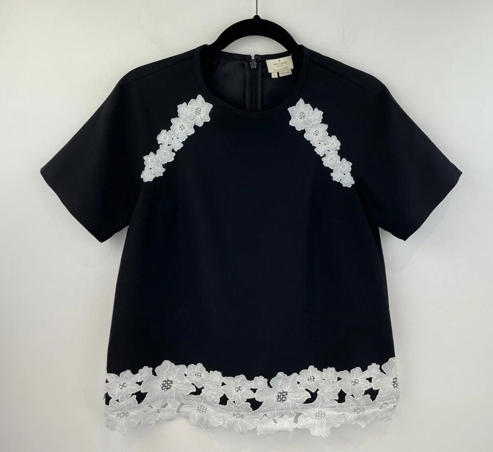 Blusa Kate Spade New York 2 Top Negra Floral Encaje Vuelos de fantasía A51-09 Foto 1 de 4