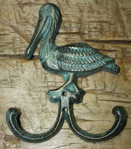 Cast Iron PELICAN Towel Hooks Hat Rack Coat Hook Nautical Beach PLANT GARDEN - Picture 1 of 3