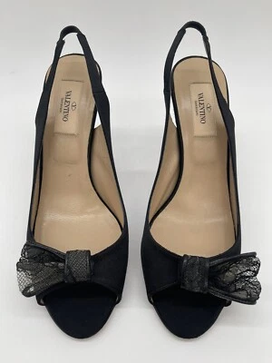 Valentino Garavani Slingback Black Satin Lace Bow Peep Toe Heels Pumps IT 38 - Image 1 of 4