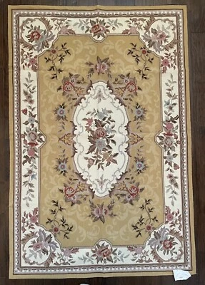 4'x6' Stunning French Needlepoint Area Rug Tan, Brown, Pink, Maroon, Light Blue - Image 1 of 4