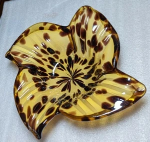 Art Glass Brown & Tan Tiger Lily Flower Hand Blown Bowl  White Cristal Italy - Picture 1 of 8